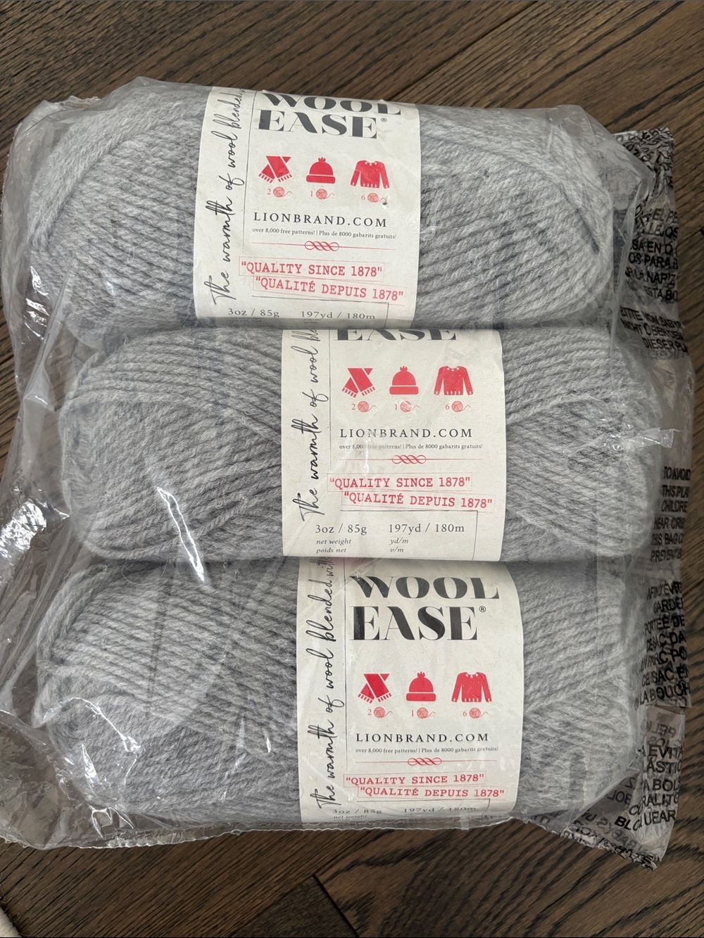 Lion Brand Wool-Ease Gray Heather Knit Yarn - 3-Pack x 85g